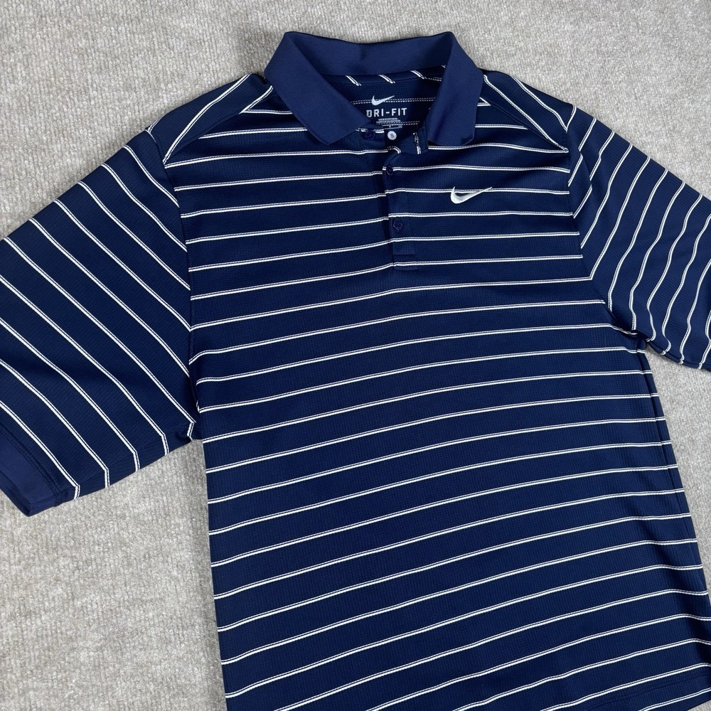 Nike Dri-FIT Polo Shirt Men's Small Navy Blue White Striped Golf Swoosh - Picture 2 of 10